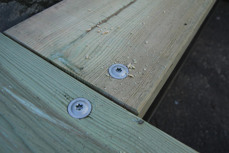Detalj av solide skruer som er montert i hjørnebordene.