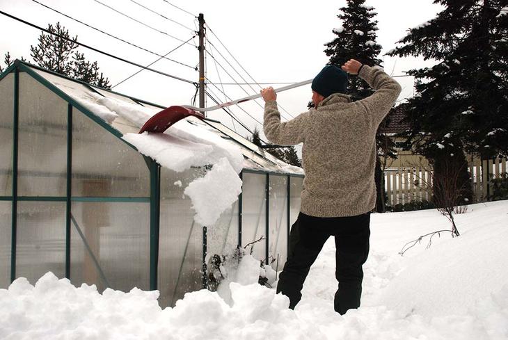 En mann spar snø vekk fra drivhustaket med en snøskuffe.