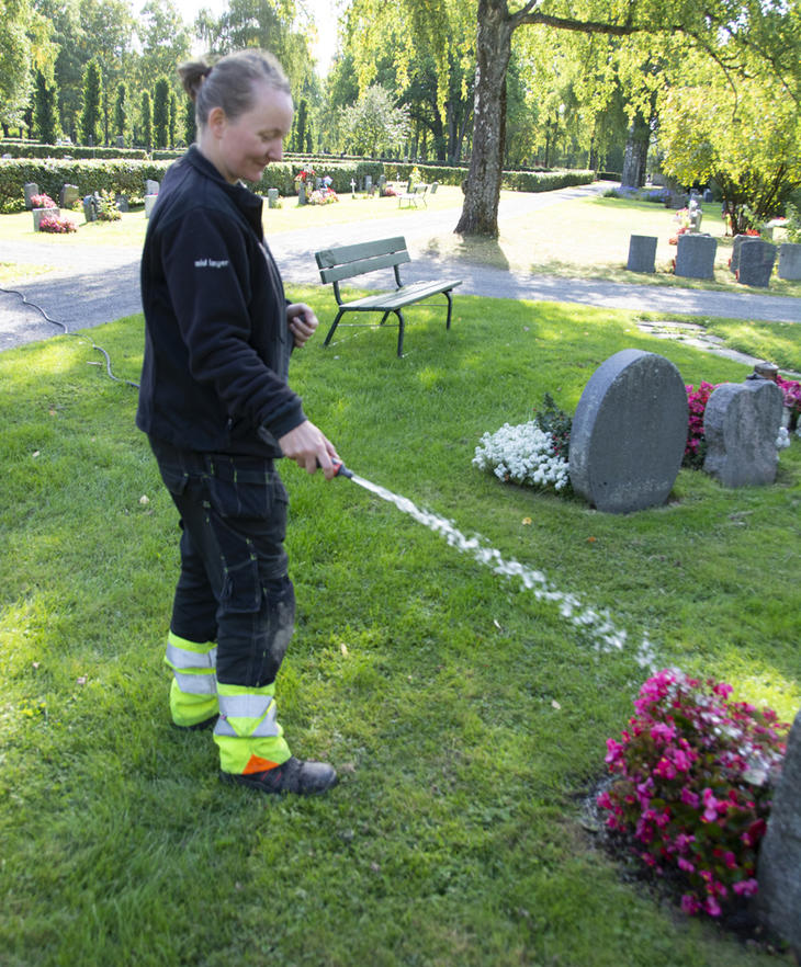 En ansatt ved Østre gravlund vanner blomstene på en grav med håndholdt slange.