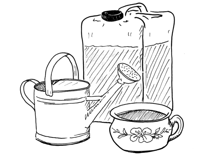 Illustrasjon av en plastdunk, en nattpotte og en vannkanne. 