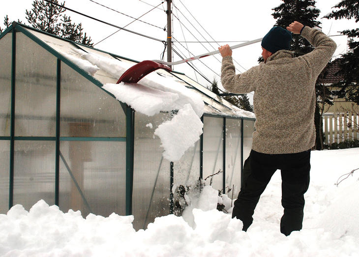 En mann måker snø av et vekshustak for å hinder at taket knekker. 