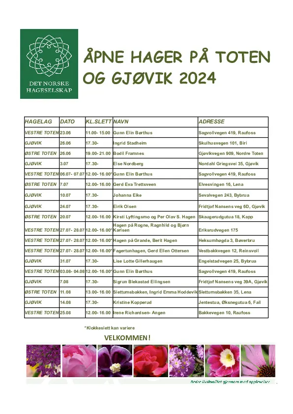 Åpne hager på Toten og Gjøvik 2024
